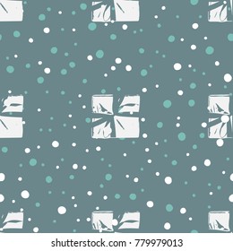 Winter Seamless Pattern with Christmas Gift Boxes. Wrapped Boxes with Stripes and Bows Flat Vector on Color Background for Gift Wrapping Paper, Christmas Greeting Card, Invitations