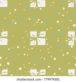 Winter Seamless Pattern with Christmas Gift Boxes. Wrapped Boxes with Stripes and Bows Flat Vector on Color Background for Gift Wrapping Paper, Christmas Greeting Card, Invitations