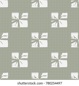 Winter Seamless Pattern with Christmas Gift Boxes. Wrapped Boxes with Stripes and Bows Flat Vector on Color Background for Gift Wrapping Paper, Christmas Greeting Card, Invitations