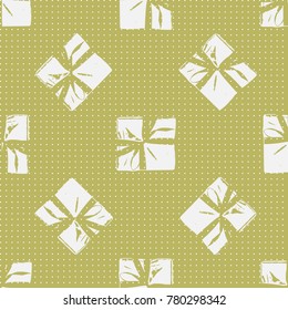 Winter Seamless Pattern with Christmas Gift Boxes. Wrapped Boxes with Stripes and Bows Flat Vector on Color Background for Gift Wrapping Paper, Christmas Greeting Card, Invitations