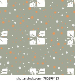 Winter Seamless Pattern with Christmas Gift Boxes. Wrapped Boxes with Stripes and Bows Flat Vector on Color Background for Gift Wrapping Paper, Christmas Greeting Card, Invitations