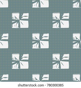 Winter Seamless Pattern with Christmas Gift Boxes. Wrapped Boxes with Stripes and Bows Flat Vector on Color Background for Gift Wrapping Paper, Christmas Greeting Card, Invitations