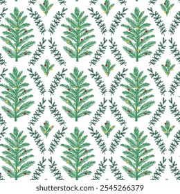 Winter seamless pattern with christmas green leaf tree hand drawn illustrations. Cute pastel elements: spruce trees, spots. Useful for textile prints, 