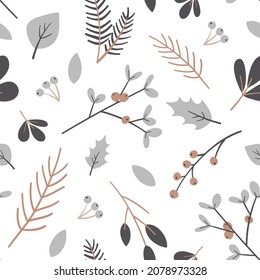 Winter seamless pattern with Christmas greenery in neutral colors. Scandinavian winter style. Vector illustration.