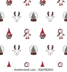 Winter seamless pattern with Christmas illustrations. Cute details: deer, snowman, gnome, snowball. Nice illustration for wrapping paper, decoration, textile 