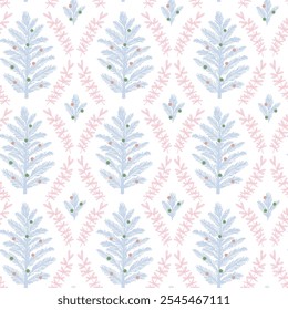 Winter seamless pattern with christmas leaf tree hand drawn illustrations. Cute pastel elements: spruce trees, spots. Useful for textile prints, 