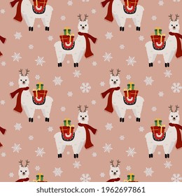 Winter seamless pattern with Christmas llamas,  snowflakes and gifts. Background for wrapping paper,  greeting cards and seasonal designs.