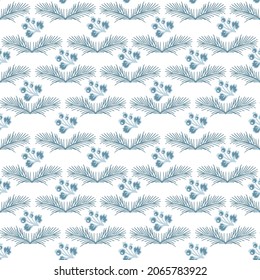 Winter Seamless Pattern. Christmas print. A branch from a Christmas tree and a branch with berries. Tender, pastel palette.