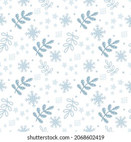 Winter Seamless Pattern. Christmas print. Snowflakes, tree netting, stars, little hearts and balloons. Pastel palette. 