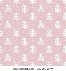 Patrón de invierno sin fisuras. Navidades Imprimir. Paisaje de invierno. Siluetas blancas de abetos. Bosque. Nieve. Plantilla. Ilustración vectorial sobre fondo rosa