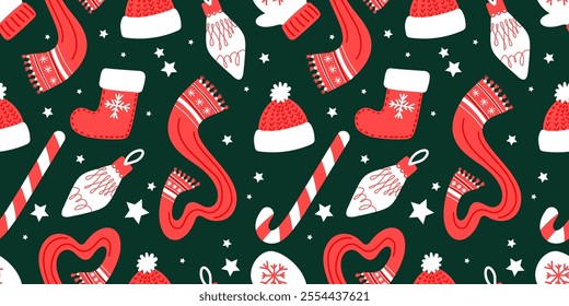 Winter seamless pattern with Christmas sock, winter hat and scarf, Christmas tree toy and red and white candy cane. Vector seamless seamless pattern background happy Christmas and happy new year