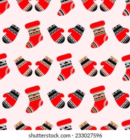 Winter seamless pattern Christmas stocking, mittens, socks. New Year ornament. Cloth design. Wallpaper