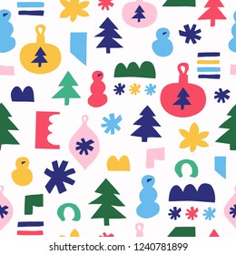 Winter seamless pattern with christmas tree toy, fir, snowman, snowflake. Surface decoration. Cloth design, wallpaper, wrapping. Vector illustration.
