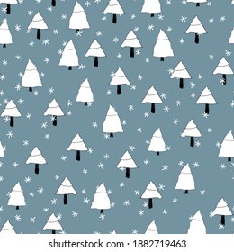 El invierno es un patrón sin fisuras con árbol de Navidad y copos de nieve en el fondo del color. Ilustración vectorial para tela, papel de pared textil, carteles, papel de envoltura de regalo. Feliz Navidad y vector de Año Nuevo.