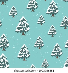 Winter seamless pattern with Christmas tree and snowflakes on color background. Vector illustration for fabric, textile wallpaper, posters, gift wrapping paper. Merry Christmas and New year Vector.