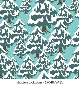 Winternahtloses Muster mit Weihnachtsbaum und Schneeflocken auf Farbhintergrund. Vektorgrafik für Gewebe, Tapete aus Spinnstoffen, Poster, Geschenkpapier. Frohe Weihnachten und Neujahr Vektor.