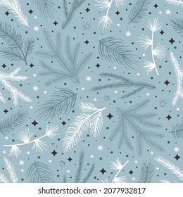 Winter seamless pattern with Christmas tree branches and berries. Vector illustration background
