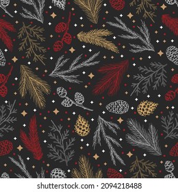 Winter seamless pattern with Christmas tree branches and berries. Vector illustration background