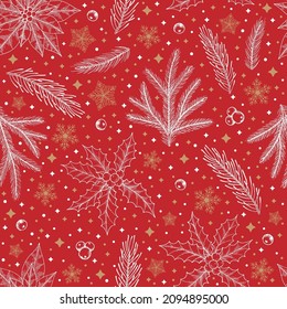 Winter seamless pattern with Christmas tree branches and berries. Vector illustration background