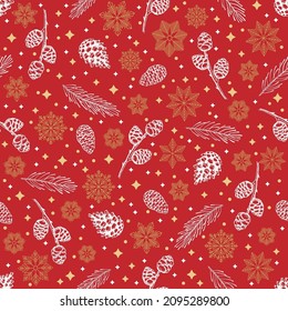 Winter seamless pattern with Christmas tree branches and berries. Vector illustration background