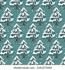 El invierno es un patrón sin fisuras con árbol de Navidad y copos de nieve en el fondo del color. Ilustración vectorial para tela, papel de pared textil, carteles, papel de envoltura de regalo. Feliz Navidad y vector de Año Nuevo.