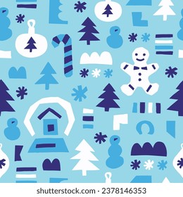 Winter seamless pattern with christmas tree toy, fir, snowman, snowflake, snowball, gingerbread man. Cloth design, wallpaper, wrapping. Vector illustration.