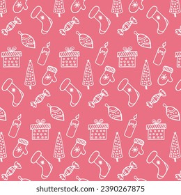 Winter seamless pattern with Christmas tree, gift, snowflakes, candle, candy and Christmas stocking. Doodle style. Vector.