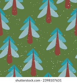 El invierno es un patrón sin fisuras con árbol de Navidad y copos de nieve en el fondo del color. Ilustración vectorial para tela, papel de pared textil, carteles, papel de envoltura de regalo. Feliz Navidad y vector de Año Nuevo.