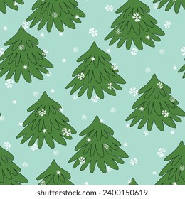 El invierno es un patrón sin fisuras con árbol de Navidad y copos de nieve en el fondo del color. Ilustración vectorial para tela, papel de pared textil, carteles, papel de envoltura de regalo. Feliz Navidad y vector de Año Nuevo.