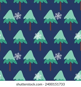 Winter seamless pattern with Christmas tree and snowflakes on color background. Vector illustration for fabric, textile wallpaper, posters, gift wrapping paper. Merry Christmas and New year Vector.