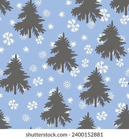 Winter seamless pattern with Christmas tree and snowflakes on color background. Vector illustration for fabric, textile wallpaper, posters, gift wrapping paper. Merry Christmas and New year Vector.