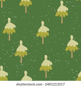 Winternahtloses Muster mit Weihnachtsbaum und Schneeflocken auf Farbhintergrund. Vektorgrafik für Gewebe, Tapete aus Spinnstoffen, Poster, Geschenkpapier. Frohe Weihnachten und Neujahr Vektor.