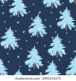 El invierno es un patrón sin fisuras con árbol de Navidad y copos de nieve en el fondo del color. Ilustración vectorial para tela, papel de pared textil, carteles, papel de envoltura de regalo. Feliz Navidad y vector de Año Nuevo.