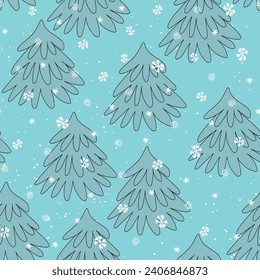 Winter seamless pattern with Christmas tree and snowflakes on color background. Vector illustration for fabric, textile wallpaper, posters, gift wrapping paper. Merry Christmas and New year Vector.