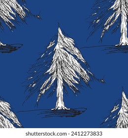 El invierno es un patrón sin fisuras con árbol de Navidad y copos de nieve en el fondo del color. Ilustración vectorial para tela, papel de pared textil, carteles, papel de envoltura de regalo. Feliz Navidad y vector de Año Nuevo.
