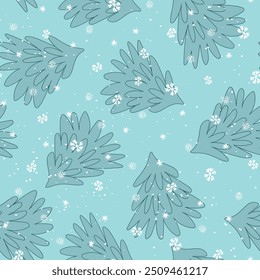 Inverno padrão sem costura com árvore de Natal e flocos de neve no fundo de cor. Ilustração vetorial para tecido, papel de parede têxtil, cartazes, papel de embrulho para presente. Feliz Natal e Ano Novo Vetor.