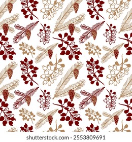 Winter, seamless pattern with Christmas tree branches and berries. Red and gold on a white background