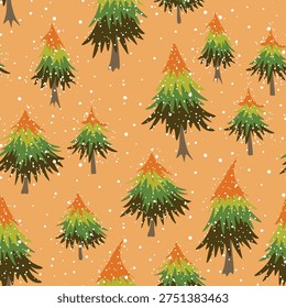 Winter seamless pattern with Christmas tree and snowflakes on color background. Vector illustration for fabric, textile wallpaper, posters, gift wrapping paper. Merry Christmas and New year Vector.