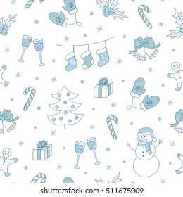 Winter seamless pattern with christmas tree, snowman, gingerbread, holly berry, etc. Vector illustration. 