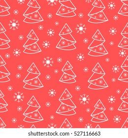 Winter seamless pattern with Christmas tree in origami form and snowflakes. Design for postcard, banner, flyer, poster or print.