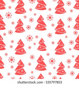 Winter seamless pattern with Christmas tree in origami form and snowflakes. Design for postcard, banner, flyer, poster or print.
