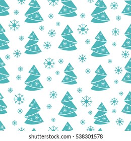 Winter seamless pattern with Christmas tree in origami form and snowflakes. Design for postcard, banner, flyer, poster or print.