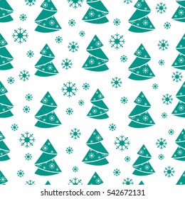 Winter seamless pattern with Christmas tree in origami form and snowflakes. Design for postcard, banner, flyer, poster or print.
