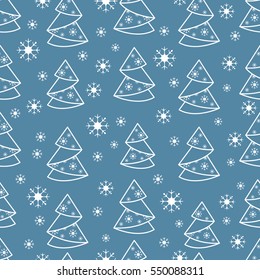 Winter seamless pattern with Christmas tree in origami form and snowflakes. Design for postcard, banner, flyer, poster or print.