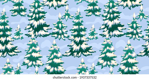 Winter seamless pattern, Christmas trees in the forest and snow on the branches. Christmas design, texture for background, textile print. Blue background, different Christmas trees.