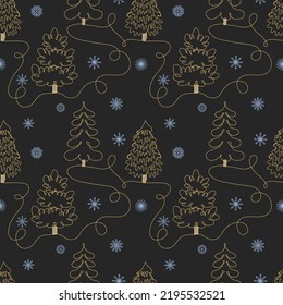 Winter seamless pattern with christmas trees and snowflakes on black background. Surface design for textile, fabric, wallpaper, wrapping, gift wrap, paper, scrapbook and packaging. Vector illustration