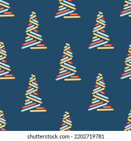 Winter seamless pattern with christmas trees, spruce woods on blue background. Surface design for textile, fabric, wallpaper, wrapping, giftwrap, paper, scrapbook and packaging. Swiss design.