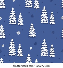Winter seamless pattern with christmas trees, spruce woods and snowflakes on blue background. Surface design for textile, fabric, wallpaper, wrapping, giftwrap, paper, scrapbook and packaging.