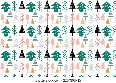 Winter seamless pattern with christmas trees, spruce woods on white background. Surface design for wrapping, giftwrap, textile, fabric, paperand scrapbook