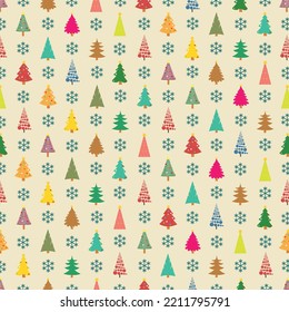 Decoración de árboles de navidad sin costura de invierno, bosques. vector e icono en forma de dibujo plano. Diseño de superficie para textiles, tela, papel pintado, envoltura, envoltura de regalo, papel, libro de chatarra y embalaje.